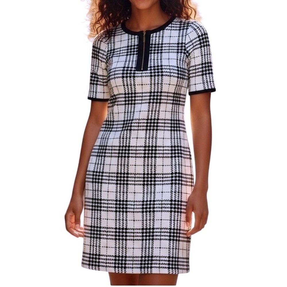 TACERA Houndstooth Dress Faux Leather Trim Workwear Women's Size‎ M